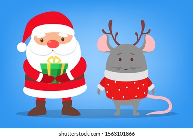 Happy Santa Claus holding a christmas gift box. Cute rat wearing a red festive sweater and reindeer antlers hat. Holiday season cartoon illustration. Christmas and New Year celebration.