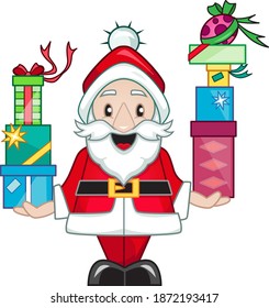 Happy Santa Claus holding Christmas gifts. Vector Illustration.