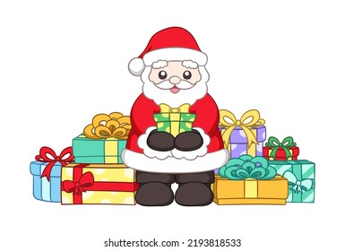 Happy Santa Claus holding a Christmas present surrounded by colorful gift boxes