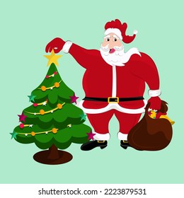 Happy Santa Claus Holding Christmas Tree With Gift Bag Over Pastel Green Background.