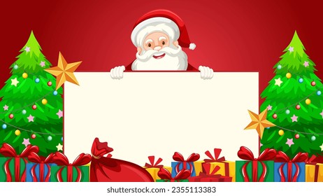 Feliz Papá Noel con una pancarta vacía rodeada por un tema rojo de Navidad y llena de regalos de Navidad