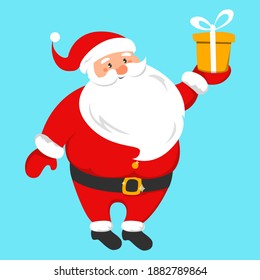 Happy Santa Claus holding a gift box vector isolated. Christmas character in red clothing celebrates winter holidays.