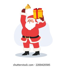 Happy Santa claus is holding gift box and ring the bell. merry christmas. Vector illustration.