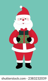 Happy Santa Claus holding gift box flat illustration