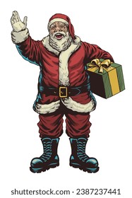 Happy Santa Claus Holding Gift Box in Vintage Style