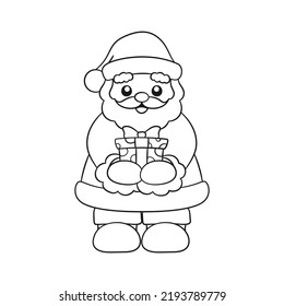 Happy Santa Claus holding out and giving a Christmas present cartoon line art outline illustration. Coloring book page printable activity worksheet for kids.