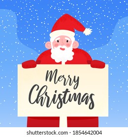 Happy Santa Claus holding signboard with Merry Christmas greetings. Smiling Papa Noel behind celebration banner, on blue snowy background. Vector illustration of greeting card template