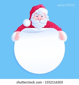 Happy Santa Claus holds a round price tag with a copy space. New Year's character in a red costume. Blank vector sticker for printing on paper or white cardboard. Original template for Christmas sales