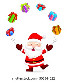 Happy Santa Claus juggles with gift boxes. Christmas illustration. Isolated on white background.