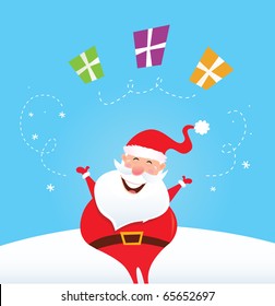 Happy Santa Claus juggling christmas presents. Cute christmas Santa on snow in red costume. Vector Illustration.