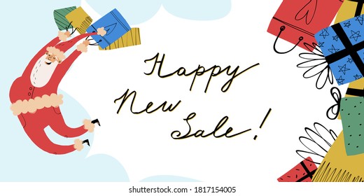 Happy Santa Claus in jump with a lot of shopper paper bags with presents, various gift boxes nearby, Happy New Sale lettering text. Vector advertising banner, flyer design.