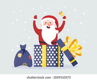 Happy Santa Claus Jumping out Gift Box. Surprises and Presents. Merry Christmas and Happy New Year. Holiday greeting card. Vector illustration 