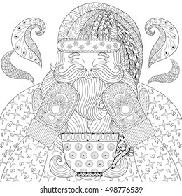 Happy Santa Claus With Knitted Mittens, Cup Of Tea, Steam In Zentangle Style. Hand Drawn Merry Christmas Decorative Elements For Adult Coloring Book. Vector Illustration For New Year 2017.