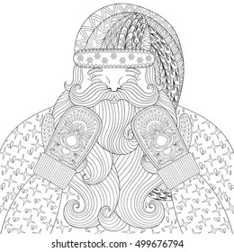 Happy Santa Claus with knitted mittens in zentangle style. Hand drawn Merry Christmas decorative elements for adult coloring book. Vector illustration for New Year 2017 greeting cards, posters.