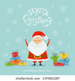 Happy Santa Claus with little colorful Christmas presents. Text Merry Christmas and Happy New Year with falling snowflakes on blue background, illustration.