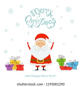 Happy Santa Claus with little colorful Christmas presents. Text Merry Christmas and Happy New Year with falling snowflakes on white background, illustration.