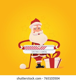 Happy Santa Claus with a loading board.
Vector illustration on a yellow background. Christmas set with Santa Claus.