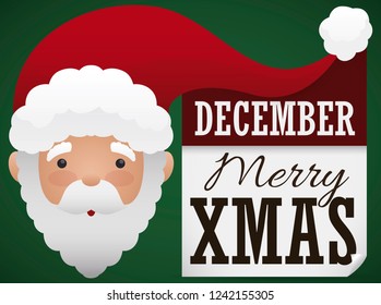 Happy Santa Claus with long red hat and commemorative loose-leaf calendar with reminder date for Christmas celebration in December 24.