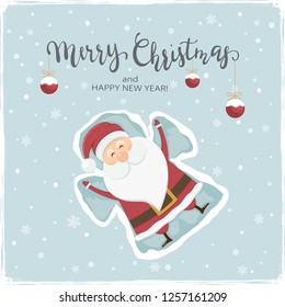 Happy Santa Claus make a snow angel. Lettering Merry Christmas with balls on snowy background, illustration.