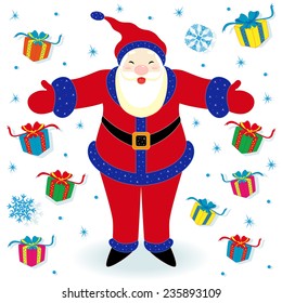 Happy Santa Claus and many gifts, hand drawing cartoon vector illustration