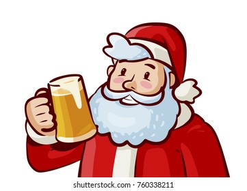 Happy Santa Claus with mug of fresh beer in hand. Christmas, xmas concept. Vector cartoon illustration