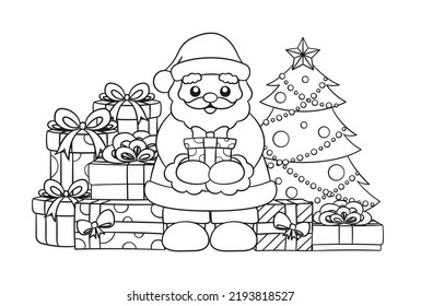 Happy Santa Claus next to a Christmas tree holding a present surrounded by colorful gift boxes. Line art cartoon illustration. Coloring book page printable activity worksheet for kids.