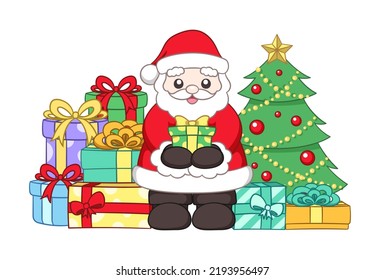 Happy Santa Claus next to a Christmas tree holding a present surrounded by colorful gift boxes