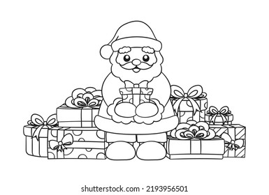 Feliz Papá Noel junto a un árbol de Navidad sosteniendo un regalo rodeado de coloridas cajas de regalos. Esbozo de ilustración de dibujos animados. Colorear la hoja de trabajo de actividad imprimible de la página del libro para niños.