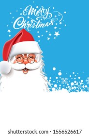 Happy Santa Claus on blue background. Christmas card. Calligraphy inscription Merry Christmas. Vector.
