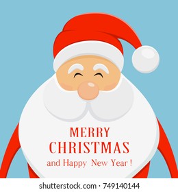 Happy Santa Claus on blue Christmas background. Text Merry Christmas and Happy New Year, illustration.