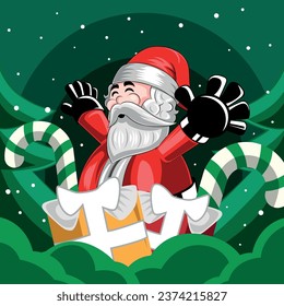happy santa claus with open arms and gifts on christmas green background, comic illustration in vector