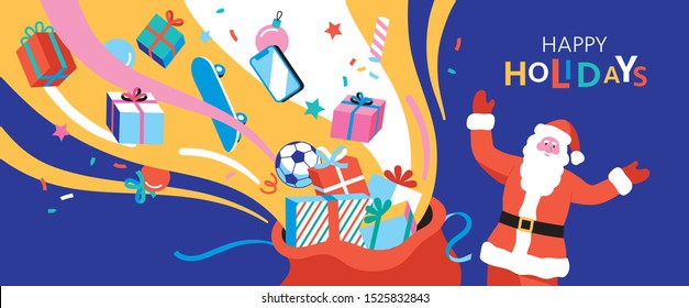 Happy Santa Claus opened his bag and presents fall out of it. Flat cartoon colorful vector illustration. 