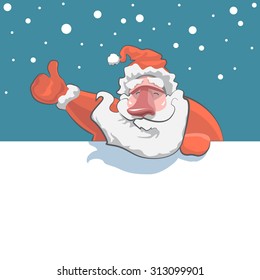 Happy Santa Claus over white blank. Show thumb up. Vector illustration.