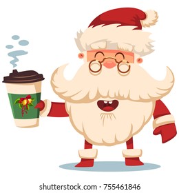 Happy Santa Claus with paper coffee cup. Vector Christmas cartoon illustration isolated on white background.