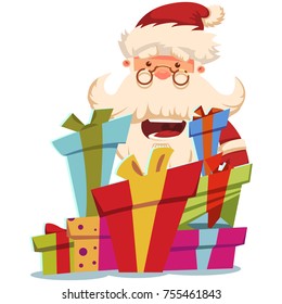 Happy Santa Claus with a pile of gifts boxes. Vector Christmas cartoon illustration isolated on white background.