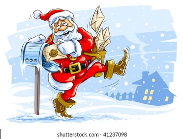 happy Santa Claus postman with Christmas letters - vector illustration