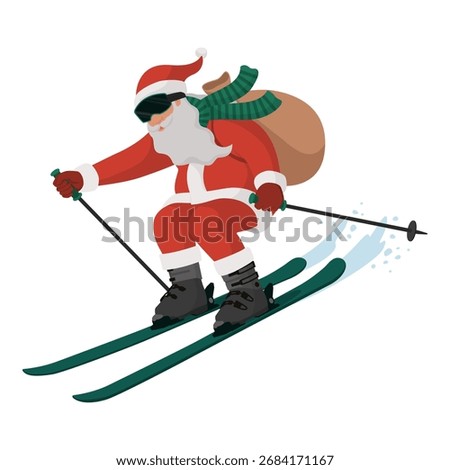 Happy Santa Claus practicing ski winter sports and carrying Christmas gifts in his sack, isolated on white background