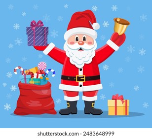 Feliz Papá Noel con regalos y campana. El sonriente Padre Frost con una bolsa de regalos. Año Nuevo, concepto de Navidad. Perfecto para tarjeta de felicitación, cartel, Anuncio. Ilustración vectorial en estilo plano .