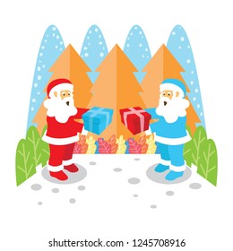 Happy Santa Claus with presents, Christmas concept. Perfect for greeting card, poster, banner. Vector illustration in flat style