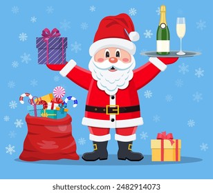 Happy Santa Claus with presents and tray with a bottle of champagne. New Year, Christmas concept. Perfect for greeting card, poster, banner. Vector illustration in flat style .