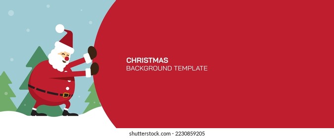 Happy Santa Claus pull abstract big hug red bag as a blank space with snowscpae background. Christmas concept template for advertisment. Cute Christmas illustration greeting card.