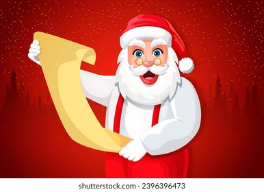 Happy Santa Claus reading wish list letters from children on the occasion of Christmas. Santa Claus looking at camera and smiling, on a red background