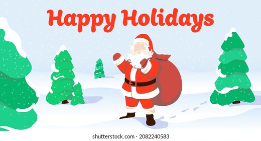 Happy Santa Claus is in a red suit with a bag full of presents on his back. He is waving hello and wishing Happy holidays. Santa stands on gradient snow in a green forest. Between new year trees.