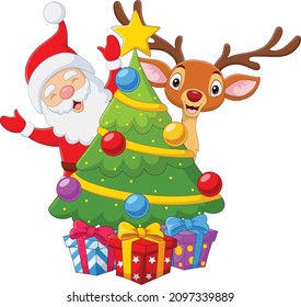 Happy santa claus with reindeer in a christmas tree and presents