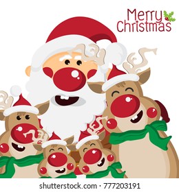 Happy Santa Claus and Reindeer Family cartoon characters for Christmas Greeting,Happy New Year Concept,design for Card and poster,Vector illustration.