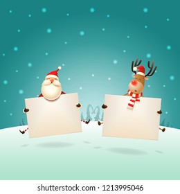 Happy Santa Claus and Reindeer jumping with boards on winter landscape - Christmas template greeting