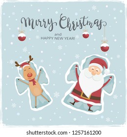 Happy Santa Claus and reindeer make a snow angels. Lettering Merry Christmas with balls on snowy background, illustration.