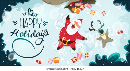 Happy Santa Claus and reindeer making a Snow Angel. Cute Christmas characters for Holiday design. Christmas Greeting Card for invitation, congratulation. Vector illustration