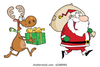 Happy Santa Claus And Reindeer Runs With Gifts