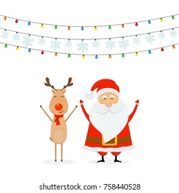 Happy Santa Claus with reindeer standing under snowflakes and Christmas lights on white background, illustration.